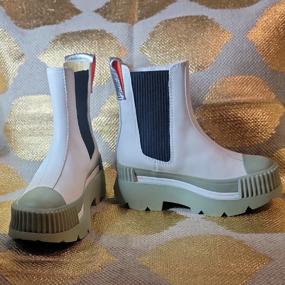New 4CCCCEESS Chelsea Trendy Leather Women's Ankle Boots - White and Green